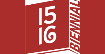 Red and black logo reading “15 | 16” stacked atop the words “Regional Biennial”, against a vertical rectangular backdrop with a stylized dotted right border.