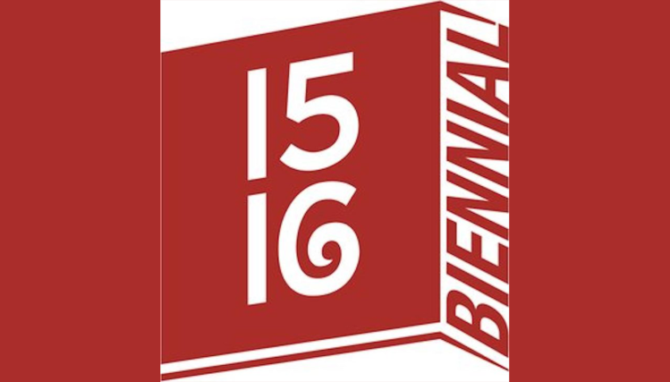 Red and black logo reading “15 | 16” stacked atop the words “Regional Biennial”, against a vertical rectangular backdrop with a stylized dotted right border.